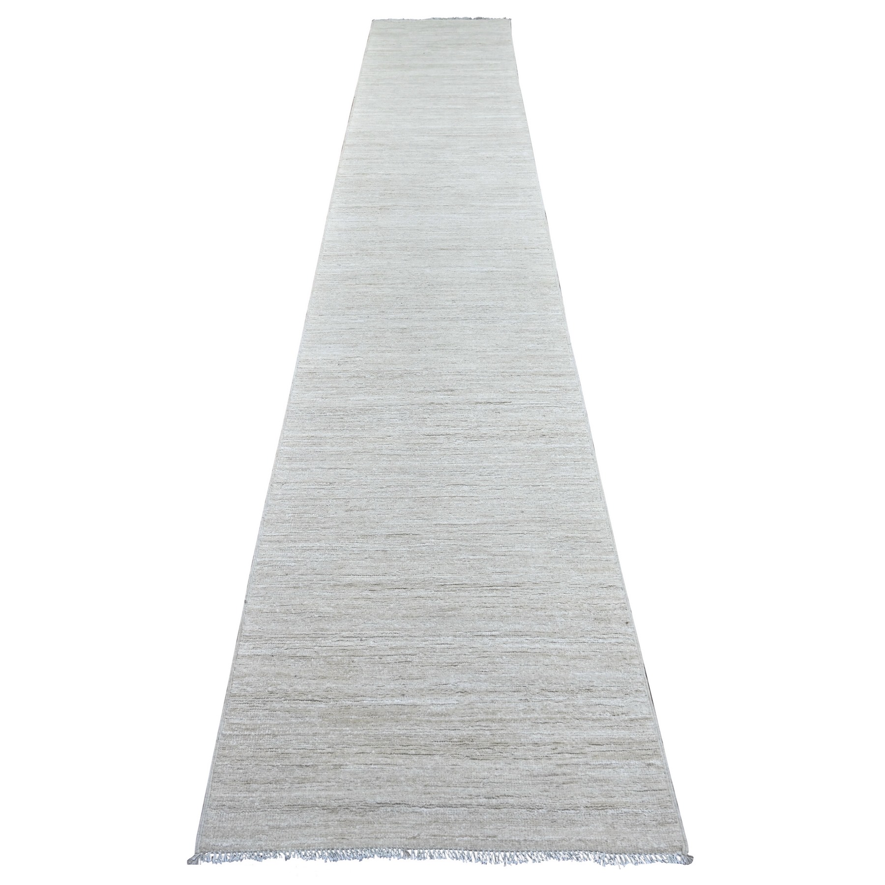 2'6"x14'4" Daisy White, Plain Solid Pattern, Hand Knotted, Hand Spun Ghazni Wool, Lush and Plush, XL Runner, Oriental Rug 